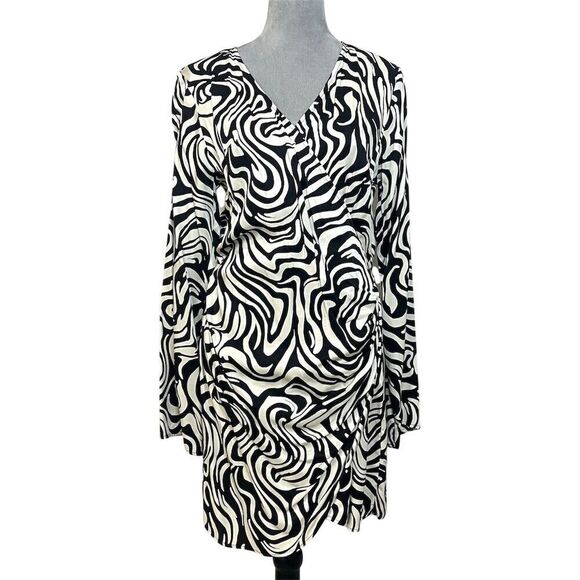H&M Dresses & Skirts - H&M Women's M Black Abstract Faux Wrap V-Neck Bodycon Dress  Long Sleeve